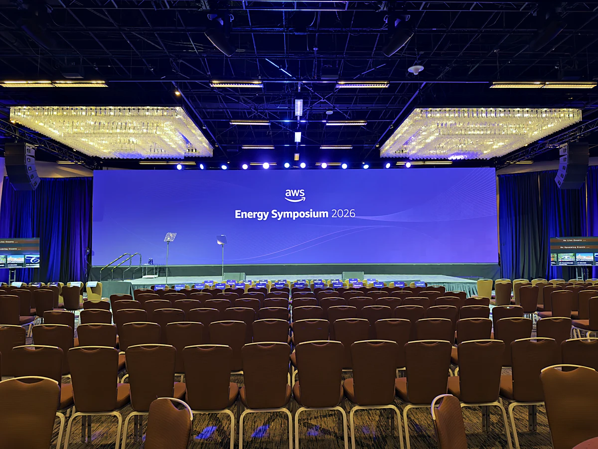 General-session stage and LED wall built for the 2026 AWS Energy Symposium, Houston