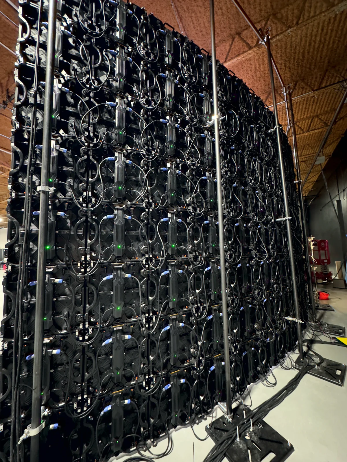 The rear of the curved LED wall: modular panel array with full data and power cabling