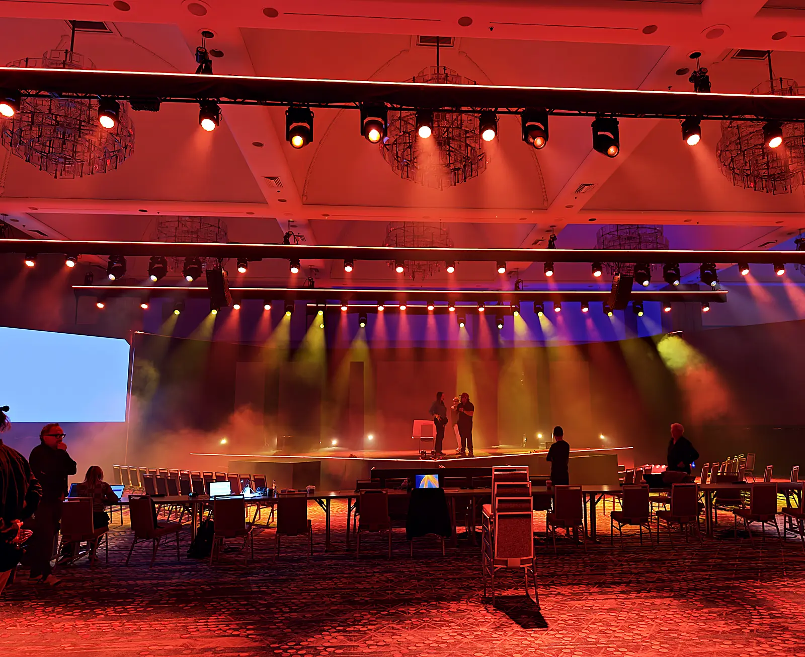Beam looks sweeping the set floor during a lighting rehearsal